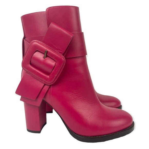 VALENTINO garavani Size 37 / 7 Pink Block Heel Ankle Booties Leather Bow Buckle
